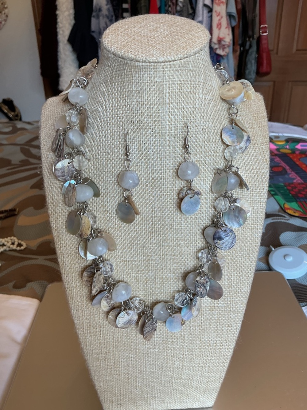 Abalone Discs w/ Opaque white Glass bead Necklace with Matching Earrings